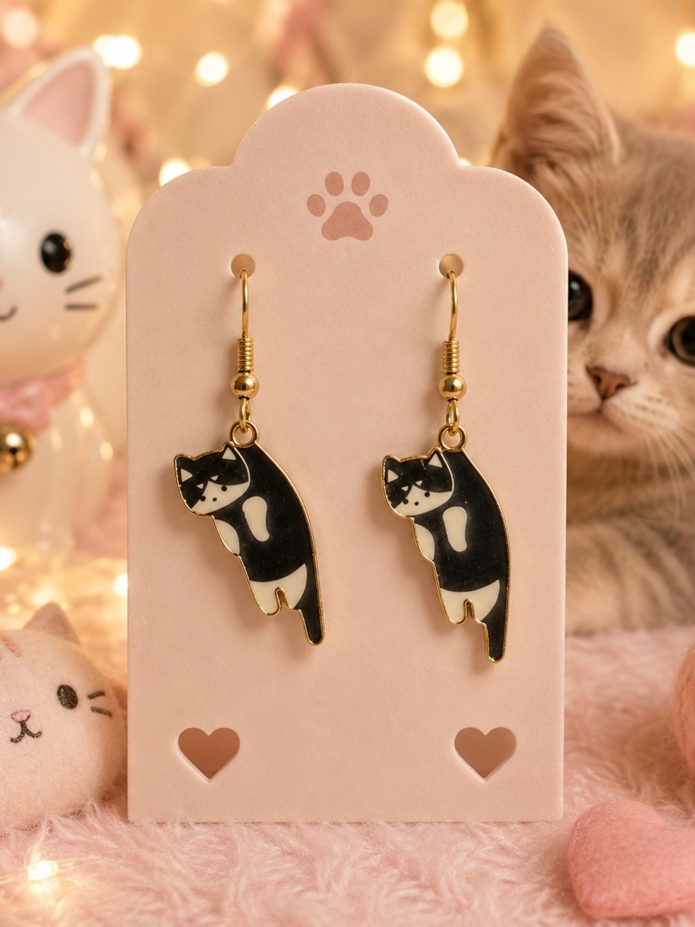 Gold-Tone Black & White Cat Dangle Earrings – Brand New